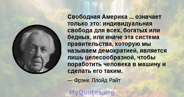 Свободная Америка ... означает только это: индивидуальная свобода для всех, богатых или бедных, или иначе эта система правительства, которую мы называем демократией, является лишь целесообразной, чтобы поработить