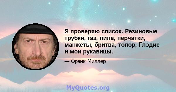 Я проверяю список. Резиновые трубки, газ, пила, перчатки, манжеты, бритва, топор, Глэдис и мои рукавицы.