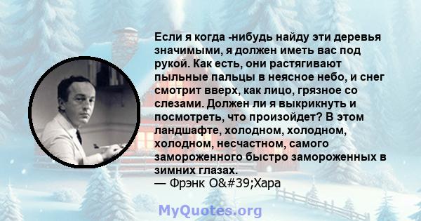 Если я когда -нибудь найду эти деревья значимыми, я должен иметь вас под рукой. Как есть, они растягивают пыльные пальцы в неясное небо, и снег смотрит вверх, как лицо, грязное со слезами. Должен ли я выкрикнуть и