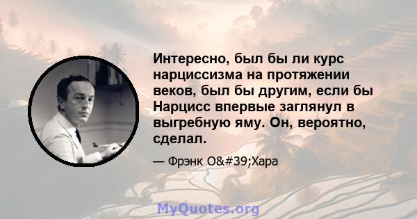 Интересно, был бы ли курс нарциссизма на протяжении веков, был бы другим, если бы Нарцисс впервые заглянул в выгребную яму. Он, вероятно, сделал.