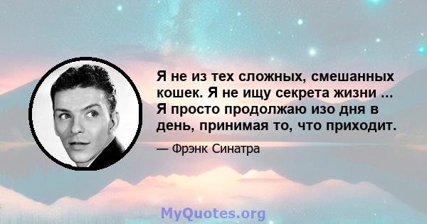 Я не из тех сложных, смешанных кошек. Я не ищу секрета жизни ... Я просто продолжаю изо дня в день, принимая то, что приходит.