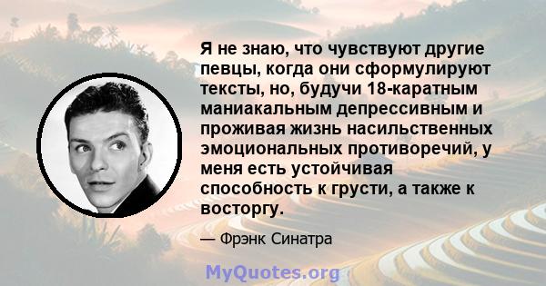 Я не знаю, что чувствуют другие певцы, когда они сформулируют тексты, но, будучи 18-каратным маниакальным депрессивным и проживая жизнь насильственных эмоциональных противоречий, у меня есть устойчивая способность к