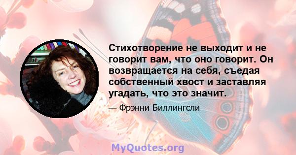 Стихотворение не выходит и не говорит вам, что оно говорит. Он возвращается на себя, съедая собственный хвост и заставляя угадать, что это значит.