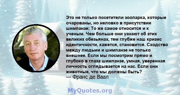 Это не только посетители зоопарка, которые очарованы, но неловко в присутствии шимпанзе; То же самое относится и к ученым. Чем больше они узнают об этих великих обезьянах, тем глубже наш кризис идентичности, кажется,