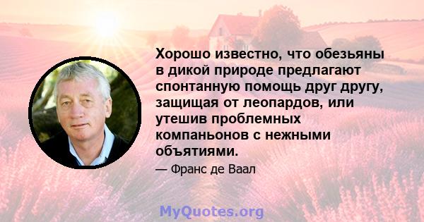 Хорошо известно, что обезьяны в дикой природе предлагают спонтанную помощь друг другу, защищая от леопардов, или утешив проблемных компаньонов с нежными объятиями.