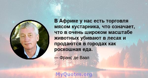 В Африке у нас есть торговля мясом кустарника, что означает, что в очень широком масштабе животных убивают в лесах и продаются в городах как роскошная еда.