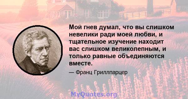 Мой гнев думал, что вы слишком невелики ради моей любви, и тщательное изучение находит вас слишком великолепным, и только равные объединяются вместе.