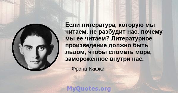 Если литература, которую мы читаем, не разбудит нас, почему мы ее читаем? Литературное произведение должно быть льдом, чтобы сломать море, замороженное внутри нас.