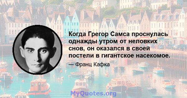 Когда Грегор Самса проснулась однажды утром от неловких снов, он оказался в своей постели в гигантское насекомое.