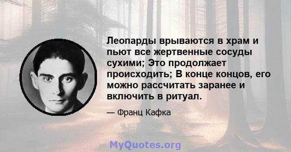 Леопарды врываются в храм и пьют все жертвенные сосуды сухими; Это продолжает происходить; В конце концов, его можно рассчитать заранее и включить в ритуал.