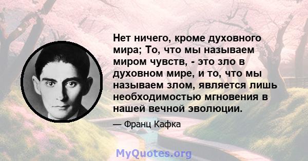 Нет ничего, кроме духовного мира; То, что мы называем миром чувств, - это зло в духовном мире, и то, что мы называем злом, является лишь необходимостью мгновения в нашей вечной эволюции.