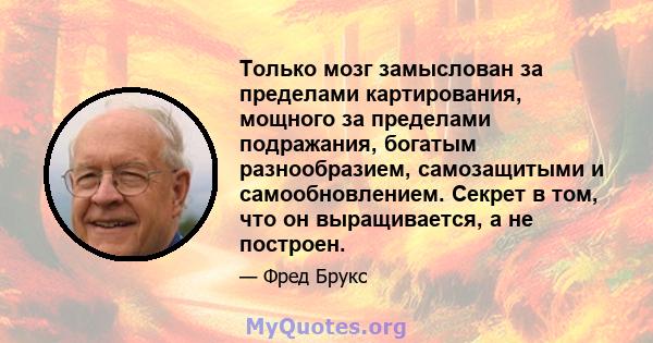 Только мозг замыслован за пределами картирования, мощного за пределами подражания, богатым разнообразием, самозащитыми и самообновлением. Секрет в том, что он выращивается, а не построен.