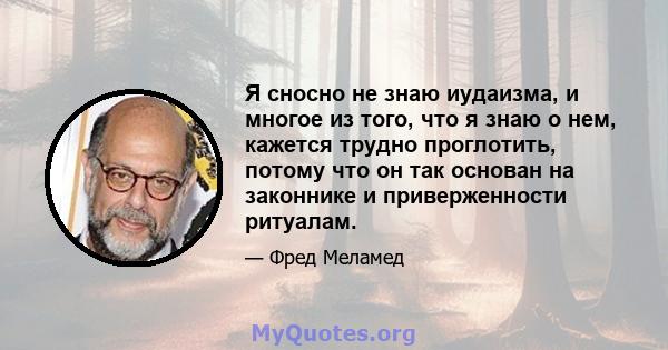 Я сносно не знаю иудаизма, и многое из того, что я знаю о нем, кажется трудно проглотить, потому что он так основан на законнике и приверженности ритуалам.