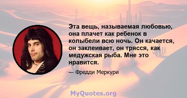 Эта вещь, называемая любовью, она плачет как ребенок в колыбели всю ночь. Он качается, он заклеивает, он трясся, как медужская рыба. Мне это нравится.