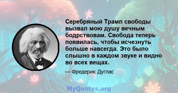 Серебряный Трамп свободы вызвал мою душу вечным бодрствовам. Свобода теперь появилась, чтобы исчезнуть больше навсегда. Это было слышно в каждом звуке и видно во всех вещах.