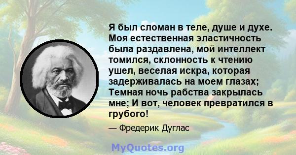 Я был сломан в теле, душе и духе. Моя естественная эластичность была раздавлена, мой интеллект томился, склонность к чтению ушел, веселая искра, которая задерживалась на моем глазах; Темная ночь рабства закрылась мне; И 