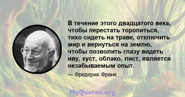 В течение этого двадцатого века, чтобы перестать торопиться, тихо сидеть на траве, отключить мир и вернуться на землю, чтобы позволить глазу видеть иву, куст, облако, лист, является незабываемым опыт.