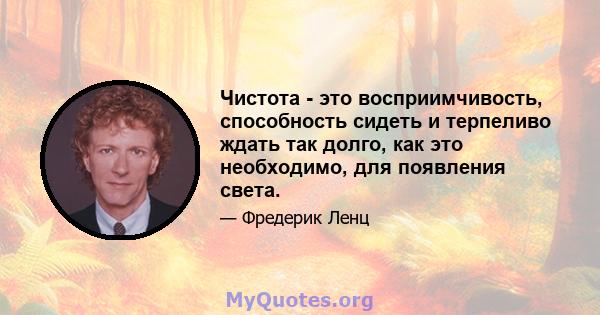 Чистота - это восприимчивость, способность сидеть и терпеливо ждать так долго, как это необходимо, для появления света.