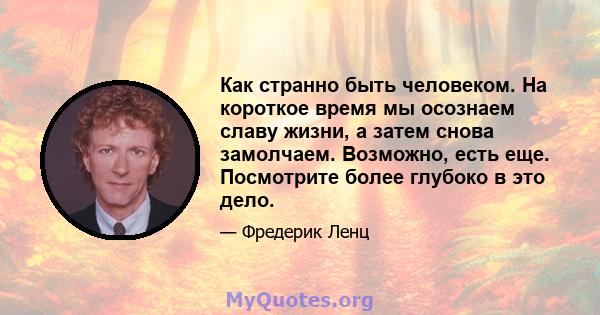 Как странно быть человеком. На короткое время мы осознаем славу жизни, а затем снова замолчаем. Возможно, есть еще. Посмотрите более глубоко в это дело.