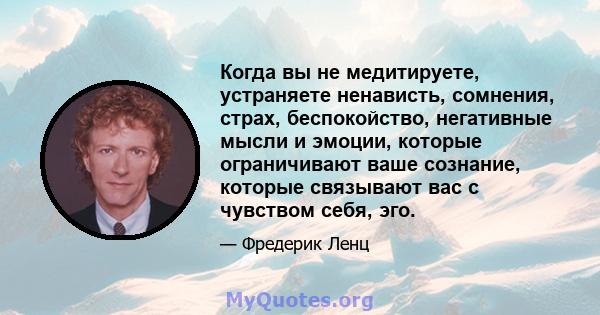 Когда вы не медитируете, устраняете ненависть, сомнения, страх, беспокойство, негативные мысли и эмоции, которые ограничивают ваше сознание, которые связывают вас с чувством себя, эго.