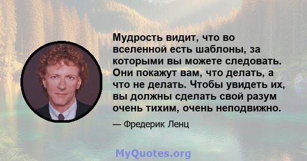 Мудрость видит, что во вселенной есть шаблоны, за которыми вы можете следовать. Они покажут вам, что делать, а что не делать. Чтобы увидеть их, вы должны сделать свой разум очень тихим, очень неподвижно.