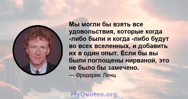 Мы могли бы взять все удовольствия, которые когда -либо были и когда -либо будут во всех вселенных, и добавить их в один опыт. Если бы вы были поглощены нирваной, это не было бы замечено.