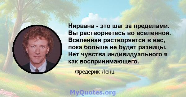 Нирвана - это шаг за пределами. Вы растворяетесь во вселенной. Вселенная растворяется в вас, пока больше не будет разницы. Нет чувства индивидуального я как воспринимающего.