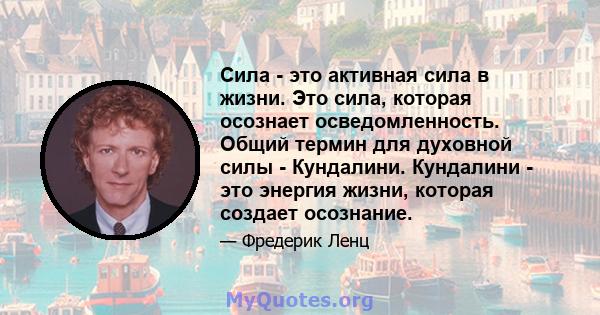 Сила - это активная сила в жизни. Это сила, которая осознает осведомленность. Общий термин для духовной силы - Кундалини. Кундалини - это энергия жизни, которая создает осознание.