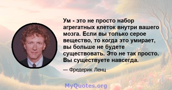 Ум - это не просто набор агрегатных клеток внутри вашего мозга. Если вы только серое вещество, то когда это умирает, вы больше не будете существовать. Это не так просто. Вы существуете навсегда.