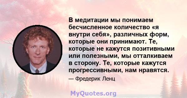 В медитации мы понимаем бесчисленное количество «я внутри себя», различных форм, которые они принимают. Те, которые не кажутся позитивными или полезными, мы отталкиваем в сторону. Те, которые кажутся прогрессивными, нам 