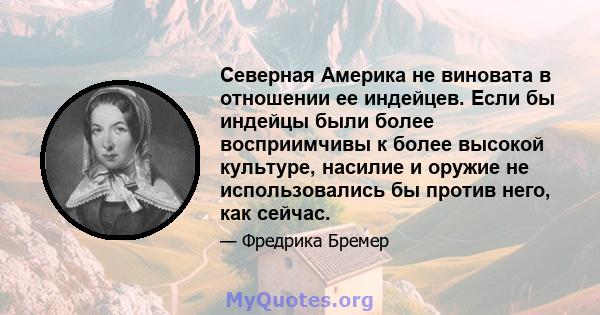 Северная Америка не виновата в отношении ее индейцев. Если бы индейцы были более восприимчивы к более высокой культуре, насилие и оружие не использовались бы против него, как сейчас.