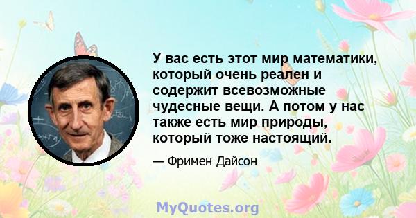 У вас есть этот мир математики, который очень реален и содержит всевозможные чудесные вещи. А потом у нас также есть мир природы, который тоже настоящий.