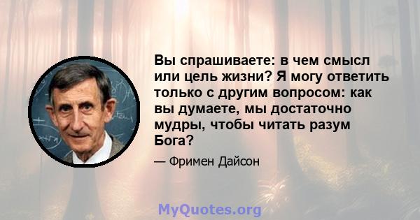 Вы спрашиваете: в чем смысл или цель жизни? Я могу ответить только с другим вопросом: как вы думаете, мы достаточно мудры, чтобы читать разум Бога?