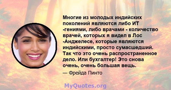 Многие из молодых индийских поколений являются либо ИТ -гениями, либо врачами - количество врачей, которых я видел в Лос -Анджелесе, которые являются индийскими, просто сумасшедший. Так что это очень распространенное