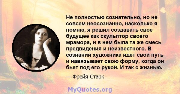 Не полностью сознательно, но не совсем неосознанно, насколько я помню, я решил создавать свое будущее как скульптор своего мрамора, и в нем была та же смесь предвидения и неизвестного. В сознании художника идет свой