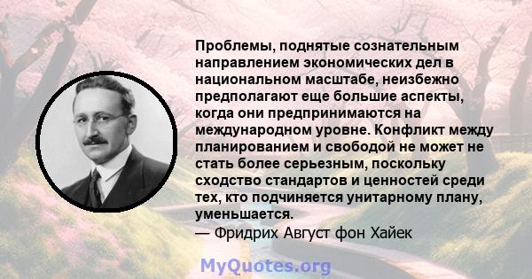 Проблемы, поднятые сознательным направлением экономических дел в национальном масштабе, неизбежно предполагают еще большие аспекты, когда они предпринимаются на международном уровне. Конфликт между планированием и