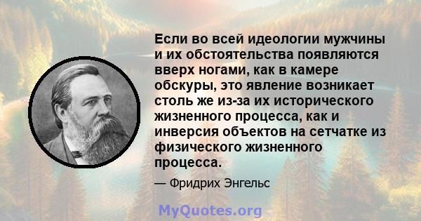 Если во всей идеологии мужчины и их обстоятельства появляются вверх ногами, как в камере обскуры, это явление возникает столь же из-за их исторического жизненного процесса, как и инверсия объектов на сетчатке из