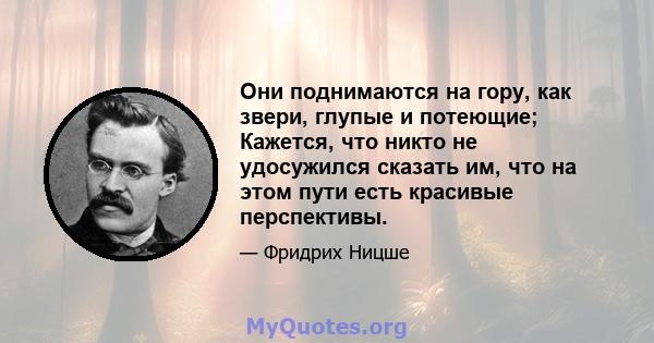 Они поднимаются на гору, как звери, глупые и потеющие; Кажется, что никто не удосужился сказать им, что на этом пути есть красивые перспективы.