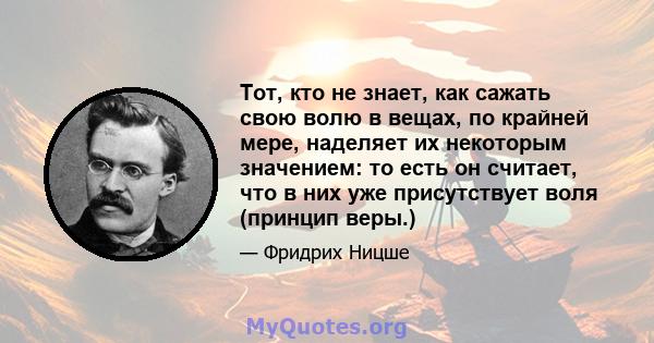 Тот, кто не знает, как сажать свою волю в вещах, по крайней мере, наделяет их некоторым значением: то есть он считает, что в них уже присутствует воля (принцип веры.)