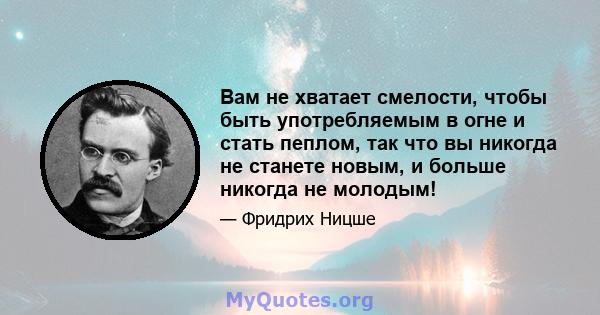 Вам не хватает смелости, чтобы быть употребляемым в огне и стать пеплом, так что вы никогда не станете новым, и больше никогда не молодым!