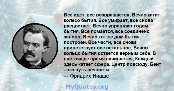 Все идет, все возвращается; Вечно катит колесо бытия. Все умирает, все снова расцветает; Вечно управляет годом бытия. Все ломается, все соединено заново; Вечно тот же дом бытия построен. Все части, все снова