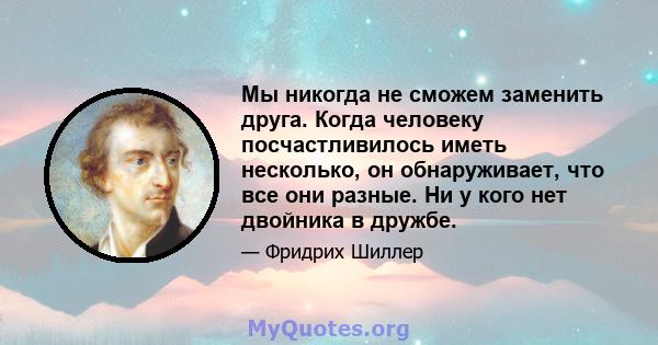 Мы никогда не сможем заменить друга. Когда человеку посчастливилось иметь несколько, он обнаруживает, что все они разные. Ни у кого нет двойника в дружбе.