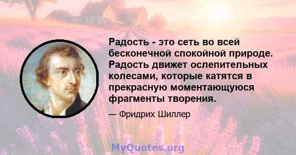 Радость - это сеть во всей бесконечной спокойной природе. Радость движет ослепительных колесами, которые катятся в прекрасную моментающуюся фрагменты творения.