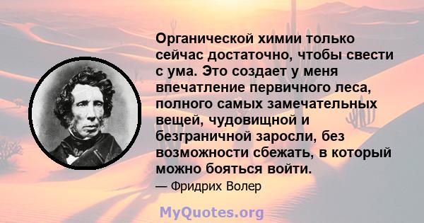 Органической химии только сейчас достаточно, чтобы свести с ума. Это создает у меня впечатление первичного леса, полного самых замечательных вещей, чудовищной и безграничной заросли, без возможности сбежать, в который