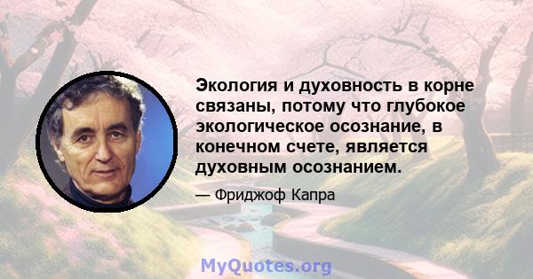 Экология и духовность в корне связаны, потому что глубокое экологическое осознание, в конечном счете, является духовным осознанием.