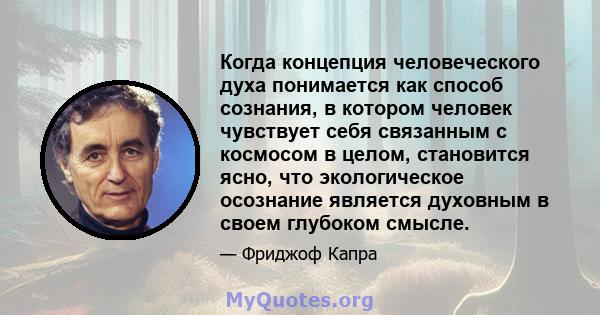 Когда концепция человеческого духа понимается как способ сознания, в котором человек чувствует себя связанным с космосом в целом, становится ясно, что экологическое осознание является духовным в своем глубоком смысле.