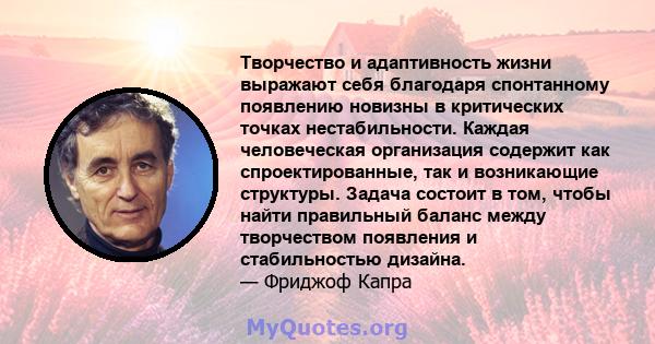 Творчество и адаптивность жизни выражают себя благодаря спонтанному появлению новизны в критических точках нестабильности. Каждая человеческая организация содержит как спроектированные, так и возникающие структуры.