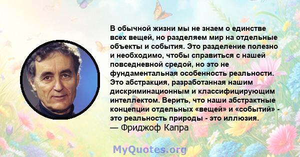 В обычной жизни мы не знаем о единстве всех вещей, но разделяем мир на отдельные объекты и события. Это разделение полезно и необходимо, чтобы справиться с нашей повседневной средой, но это не фундаментальная