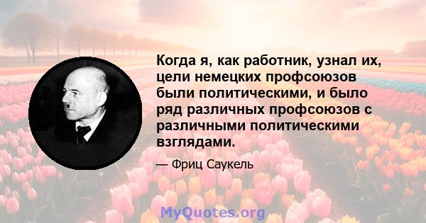 Когда я, как работник, узнал их, цели немецких профсоюзов были политическими, и было ряд различных профсоюзов с различными политическими взглядами.