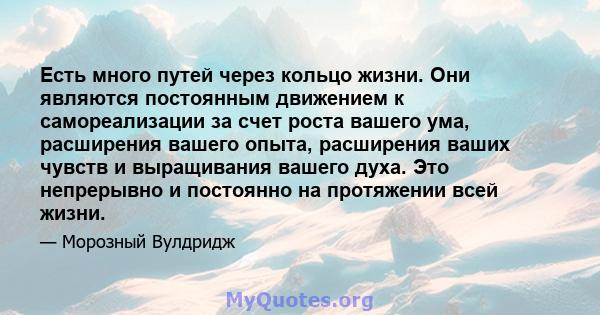 Есть много путей через кольцо жизни. Они являются постоянным движением к самореализации за счет роста вашего ума, расширения вашего опыта, расширения ваших чувств и выращивания вашего духа. Это непрерывно и постоянно на 